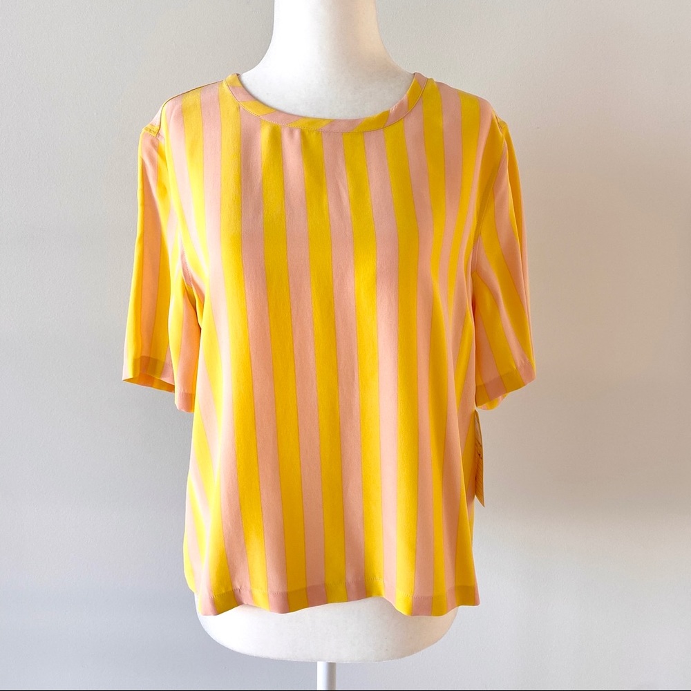 Equipment Yellow and Pink Striped Short-Sleeve Silk Top